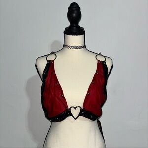 Switchblade Stiletto Red & Black Faux Leather Studded Heart Ring Top XL